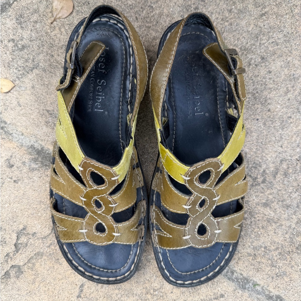 Josef Seibel Two-Tone Olive and Yellow Leather Cutout Sandals